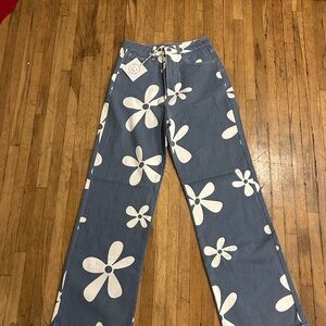 Floral Wide Leg Jeans in Blue and White - Women